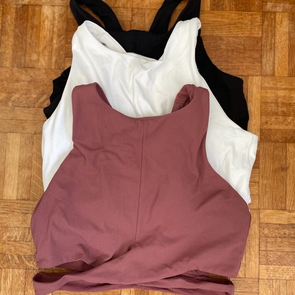 Set of 3 Athleta Conscious Crop Cut Out Bra Large Tawny Rose, White and Black